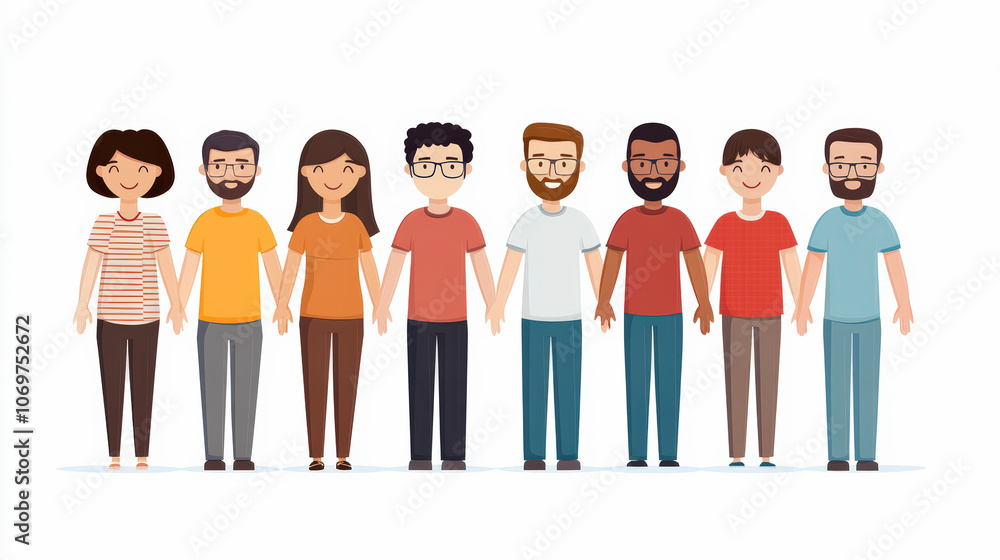 A diverse group of cartoon people standing in a line, holding hands, symbolizing unity and community. Each character wears casual clothing with friendly expressions. A diverse group of cartoon people standing in a line, holding hands, symbolizing unity and community. Each character wears casual clothing with friendly expressions.