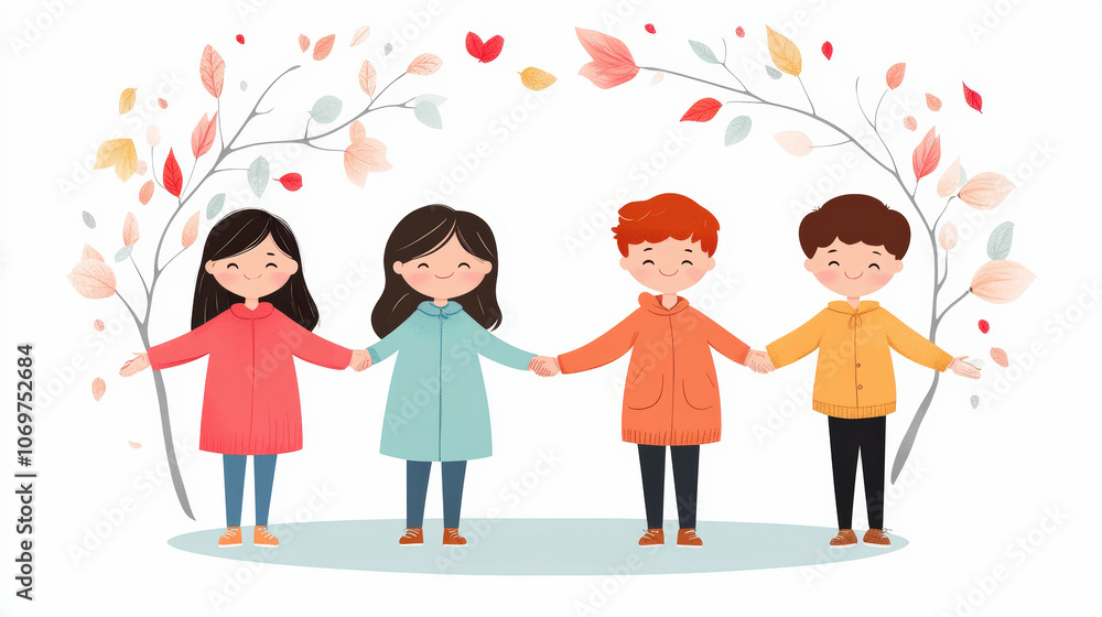 Fototapeta premium Four children in colorful coats hold hands, surrounded by an arch of autumn leaves, smiling under the whimsical fall setting.