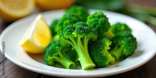 A white plate has broccoli florets and a lemon wedge on it