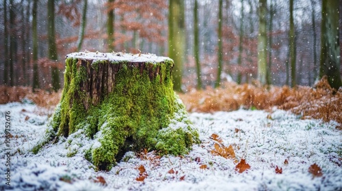 An old stump covered with moss in a winter forest photo