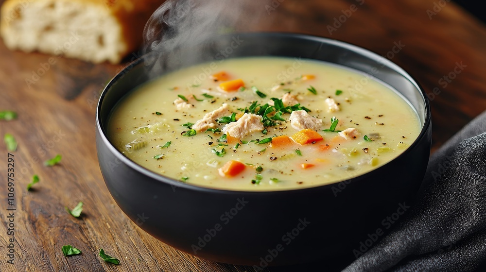 A steaming bowl of rich soup with chicken and vegetables, garnished with herbs, served beside fresh bread. A steaming bowl of rich soup with chicken and vegetables, garnished with herbs, served beside fresh bread.