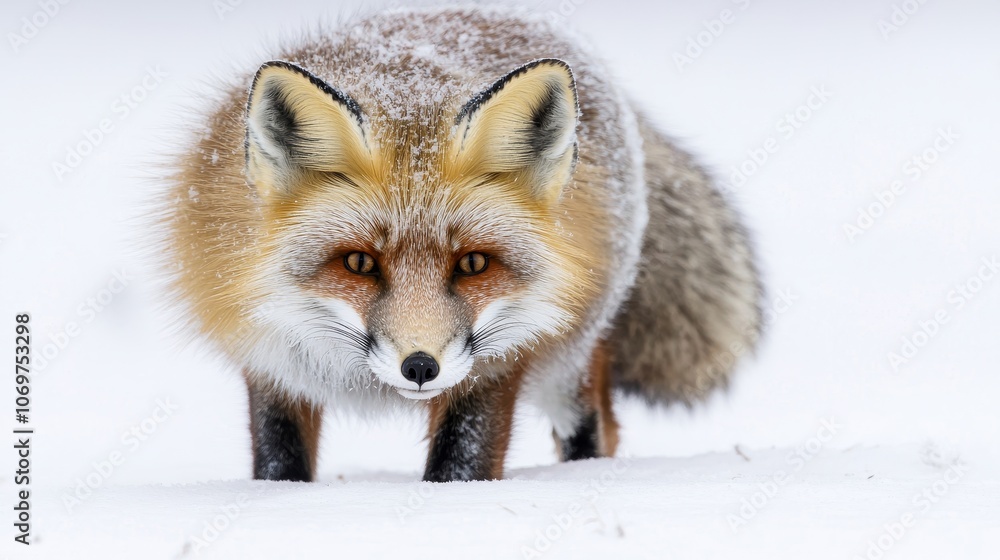 Obraz premium A solitary red fox is cautiously walking through a snowy landscape, showcasing its vibrant fur and alert demeanor in a winter setting.