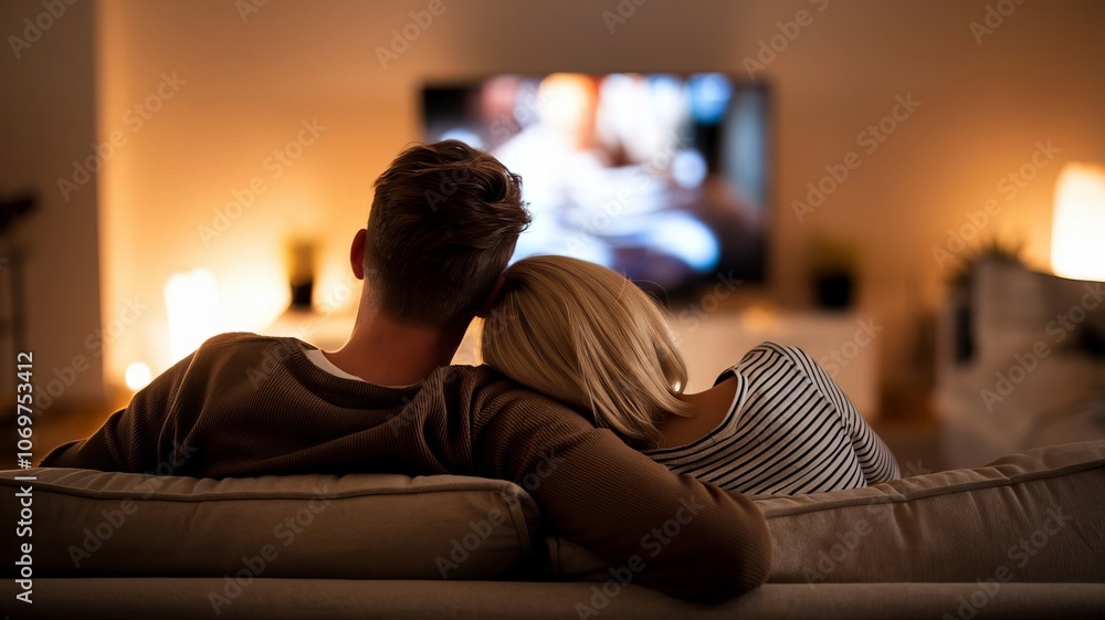A young couple watching TV on a romantic evening. A young couple watching TV on a romantic evening.