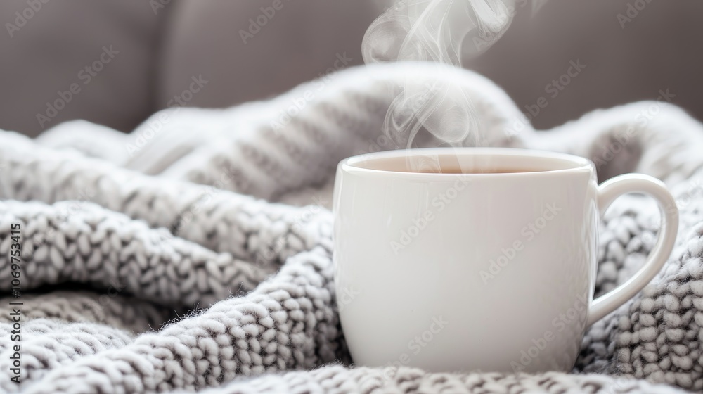 A steaming mug of coffee rests on a cozy blanket, evoking warmth and comfort in a serene setting. A steaming mug of coffee rests on a cozy blanket, evoking warmth and comfort in a serene setting.
