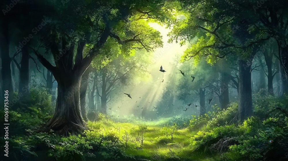 Serene Forest with Sunlight and Birds Serene Forest with Sunlight and Birds