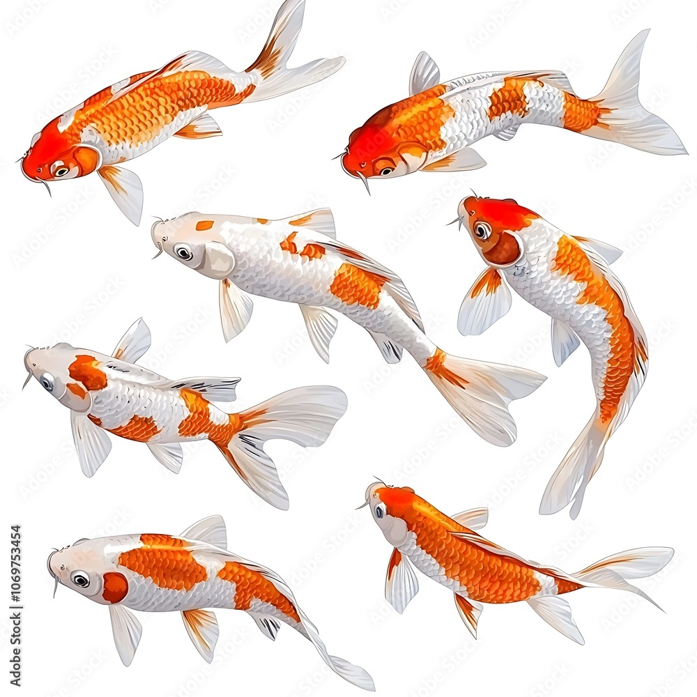 Six Koi Fish in Various Poses - Isolated on White Background. Six Koi Fish in Various Poses - Isolated on White Background.