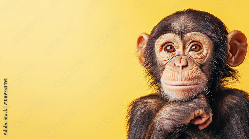 A thoughtful chimpanzee rests its chin on its hand, gazing curiously against a bright yellow background, creating a playful and engaging portrait. A thoughtful chimpanzee rests its chin on its hand, gazing curiously against a bright yellow background, creating a playful and engaging portrait.