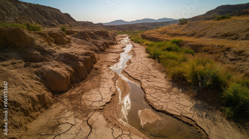 A dry riverbed with a small stream of water running through it
