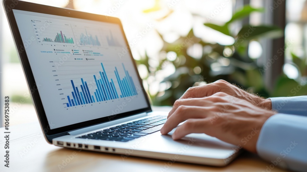 Digital marketer analyzes conversion rates on laptop for insights Digital marketer analyzes conversion rates on laptop for insights