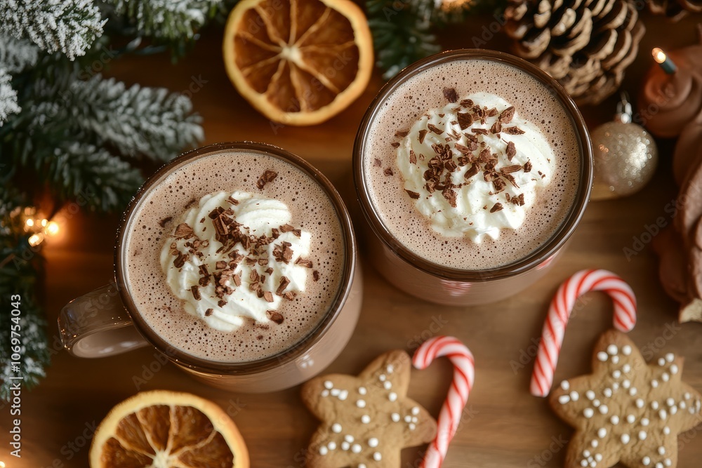 Overhead view of hot cocoa, gingerbread cookies, candy canes, and dried orange slices. Christmas decorations and lights create a warm, cozy winter atmosphere. Overhead view of hot cocoa, gingerbread cookies, candy canes, and dried orange slices. Christmas decorations and lights create a warm, cozy winter atmosphere.