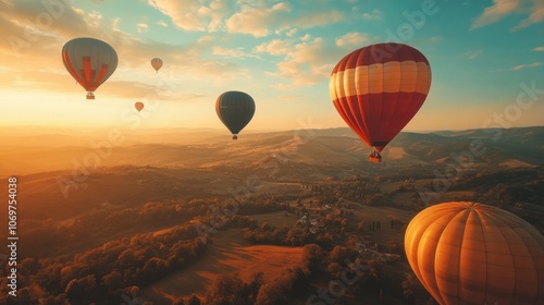 Hot Air Balloons Soaring Over a Scenic Landscape photo