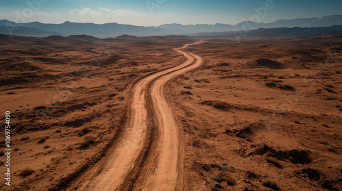 A dirt road winds through a desert