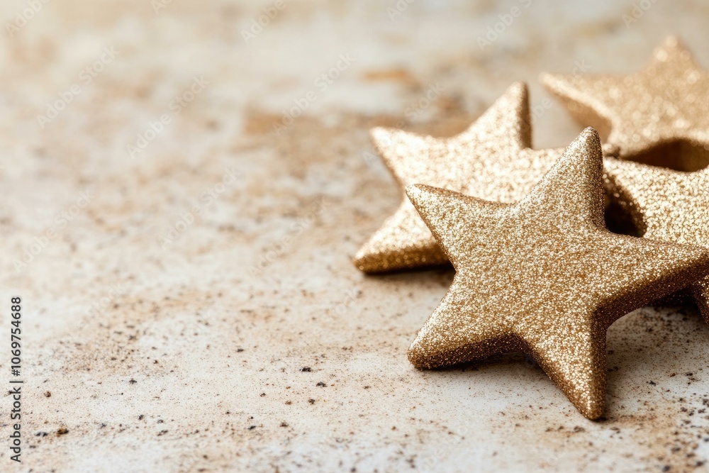 Close-up of Gold Glitter Stars on a White Background with Brown Specks Close-up of Gold Glitter Stars on a White Background with Brown Specks