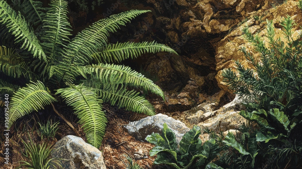 Lush Ferns and Rocks in Natural Setting Lush Ferns and Rocks in Natural Setting