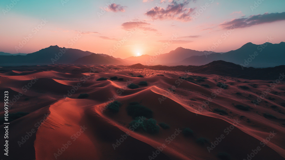 A desert landscape with a sun setting in the background A desert landscape with a sun setting in the background