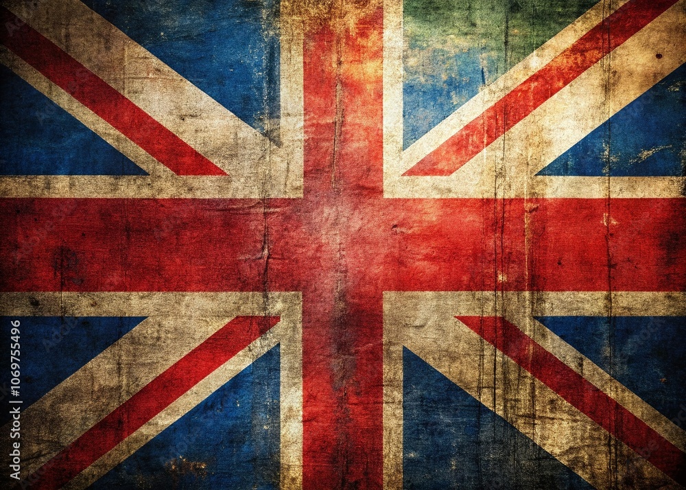 Grunge Style Macro Photography of the UK Flag with Textured Background, Capturing the Essence of British Culture and Heritage in a Unique Artistic Presentation