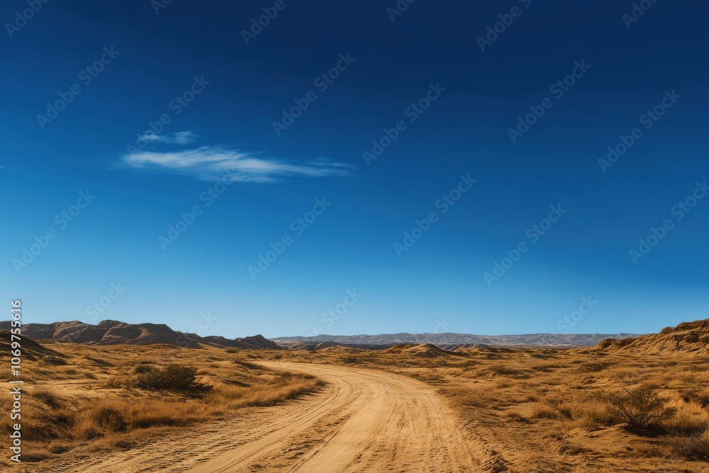A winding dirt path through a vast, arid landscape under a clear blue sky. A winding dirt path through a vast, arid landscape under a clear blue sky.