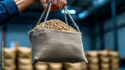 A hand carrying a burlap sack full of beans in a warehouse during daylight photo