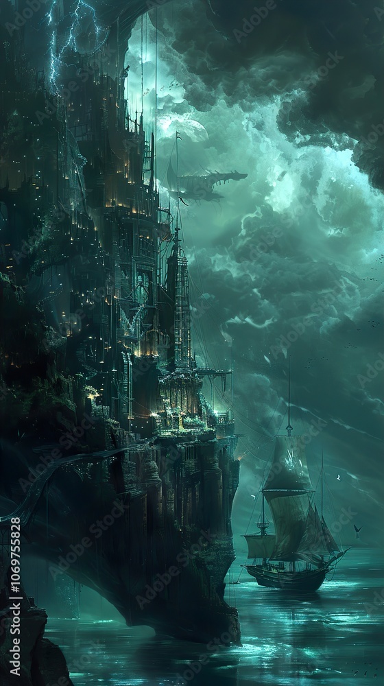 Obraz premium A Dark and Stormy Cityscape: A Fantasy World of Gothic Architecture and Ships