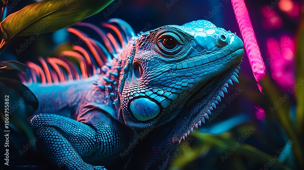 Fototapeta premium High Definition Iguana Photo with Colorful Neon Glow Image