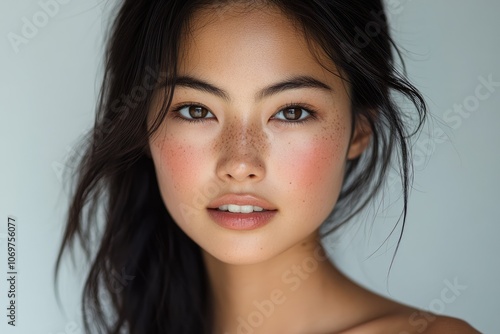 Beautiful asian woman with freckles showing natural beauty and makeup