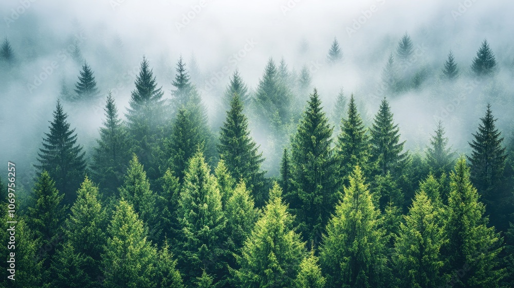 Fototapeta premium Misty forest landscape showing evergreen trees emerging from fog