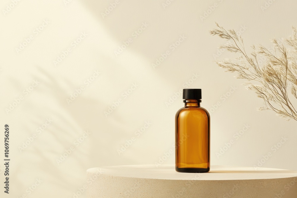 A minimalistic scene featuring an amber glass bottle on a beige surface with soft shadows and delicate floral accents in the background. A minimalistic scene featuring an amber glass bottle on a beige surface with soft shadows and delicate floral accents in the background.