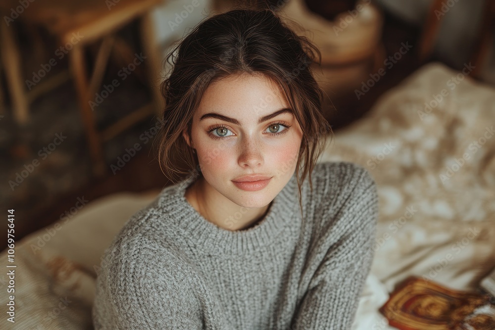 Beautiful young woman wearing cozy grey sweater posing in bedroom Beautiful young woman wearing cozy grey sweater posing in bedroom