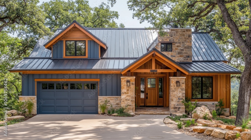 Modern mountain home exterior with metal roof and stone accents nestled among trees Modern mountain home exterior with metal roof and stone accents nestled among trees