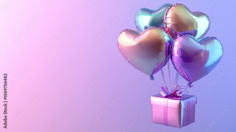 Fototapeta premium Heart shaped balloons lifting gift box on purple background