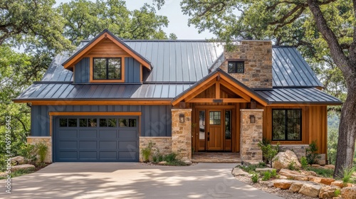 Modern mountain home exterior with metal roof and stone accents nestled among trees