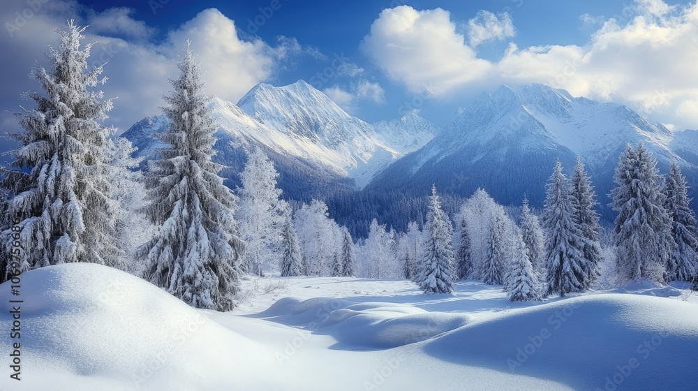 Majestic snow-covered pines overlooking a serene winter wonderland in the mountains Majestic snow-covered pines overlooking a serene winter wonderland in the mountains