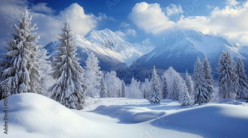 Majestic snow-covered pines overlooking a serene winter wonderland in the mountains