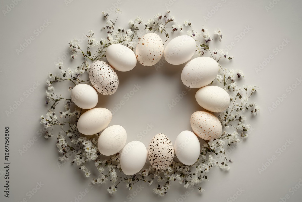 Easter eggs and white flowers forming a circle on a gray background Easter eggs and white flowers forming a circle on a gray background