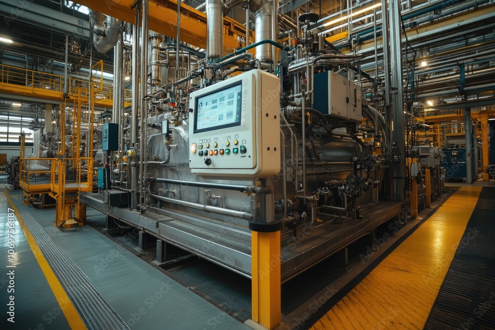 Modern industrial equipment showing control panel and pipes in factory Modern industrial equipment showing control panel and pipes in factory