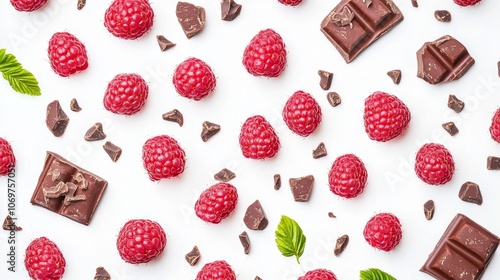 ISOLATED RASPBERRIES AND CHOCOLATE PIECES ON A WHITE BACKGROUND