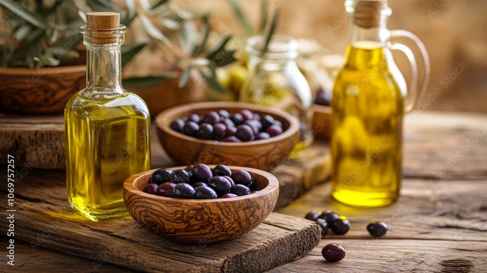 Freshly harvested olives berries in wood bowls and pressed oil in glass bottles Still life of food preparation served on old wooden planks Free space for text Freshly harvested olives berries in wood bowls and pressed oil in glass bottles Still life of food preparation served on old wooden planks Free space for text