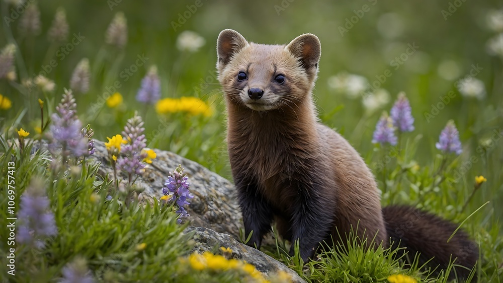Fototapeta premium Spring Harmony: A Pine Marten and the Blossoms