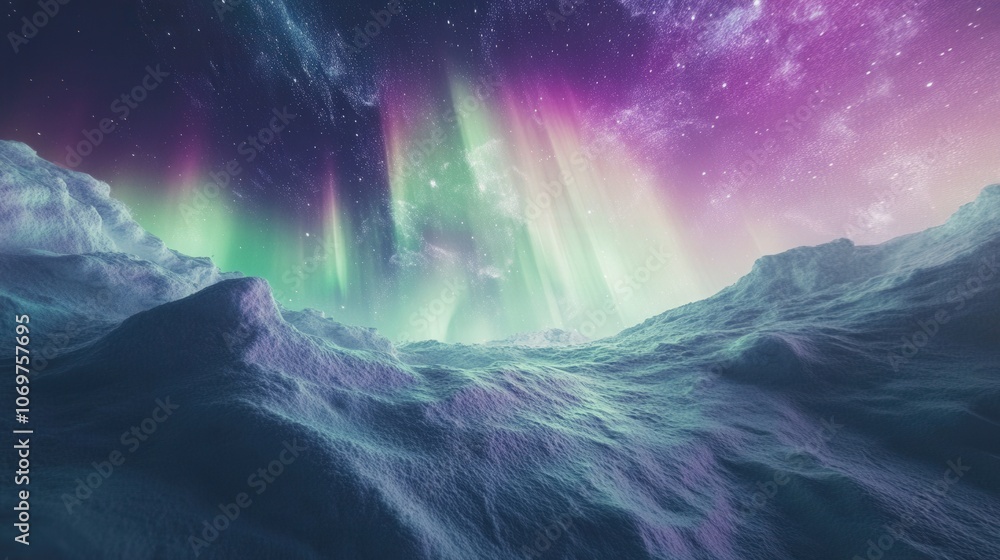 Naklejka premium Aurora Borealis Above Icy Mountain Landscape