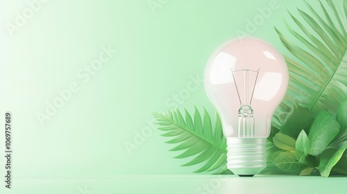 Innovative Green Energy: A vibrant light bulb symbolizes sustainable energy, surrounded by lush green leaves against a pastel background, perfect for eco-conscious themes.