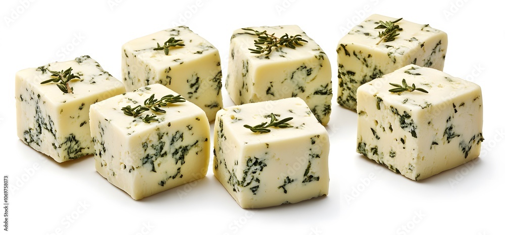 pieces of cubed cheese with herbs, isolated on a white background pieces of cubed cheese with herbs, isolated on a white background