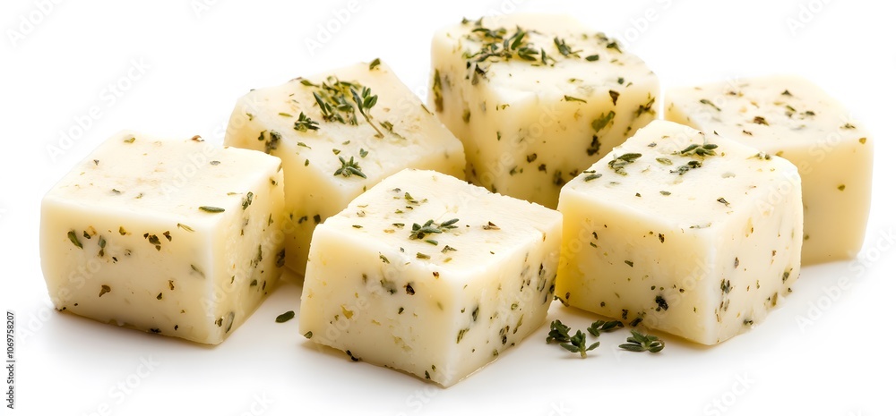 pieces of cubed cheese with herbs, isolated on a white background pieces of cubed cheese with herbs, isolated on a white background