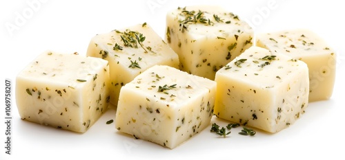 pieces of cubed cheese with herbs, isolated on a white background