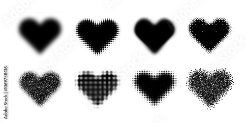 Black heart shape in different style: soft blur, halftone, stipple dots. Love symbol set 