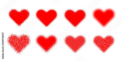 Red heart shape in different style: soft blur, halftone, stipple dots. Love symbol set 