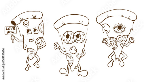 Groovy pizza slice doodle character set. Funny retro hippy pizzeria mascot