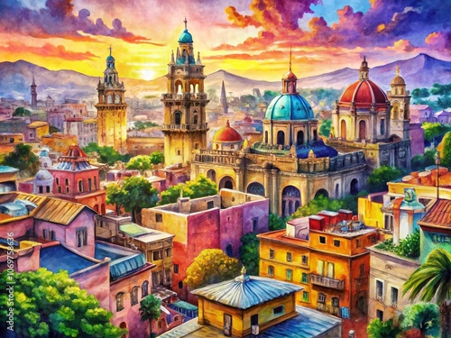 Wallpaper Mural Historic Watercolor Cityscape Featuring Iconic Landmarks, Ideal for Travel Guides, Captured in Stunning Macro Photography for a Vibrant Visual Experience Torontodigital.ca