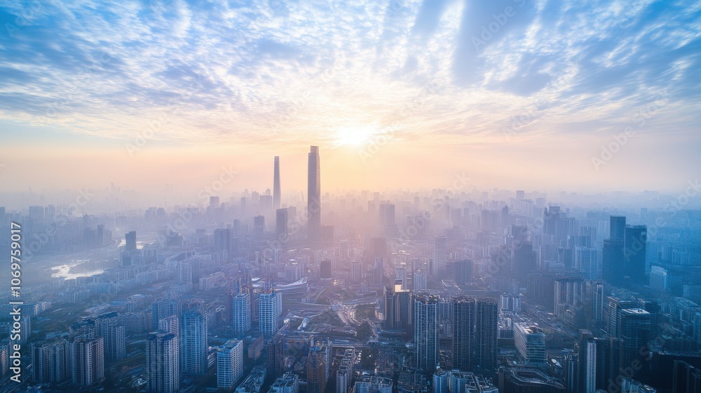 Sunrise Over Skyscrapers In A Foggy City