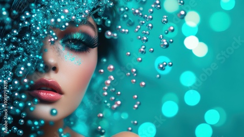 A vibrant portrait featuring a woman adorned with shimmering beads against a teal backdrop, highlighting her captivating makeup and expressive features.