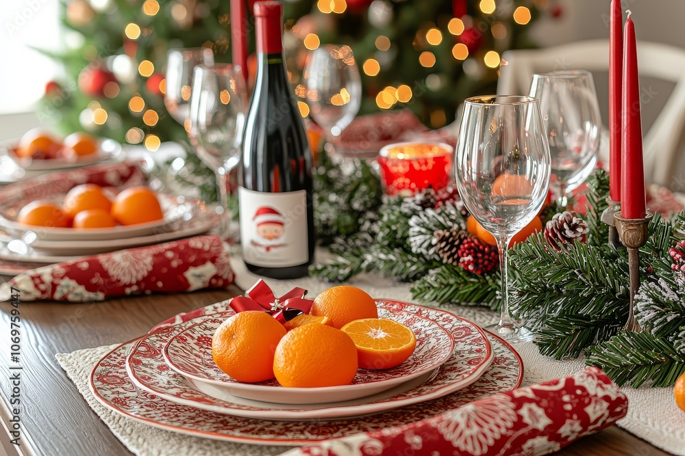 Christmas table setting with red and white decorations, wine bottle, oranges, tangerines, decorated Christmas tree, red candles, colorful lights, and Santa hat napkins. Christmas table setting with red and white decorations, wine bottle, oranges, tangerines, decorated Christmas tree, red candles, colorful lights, and Santa hat napkins.